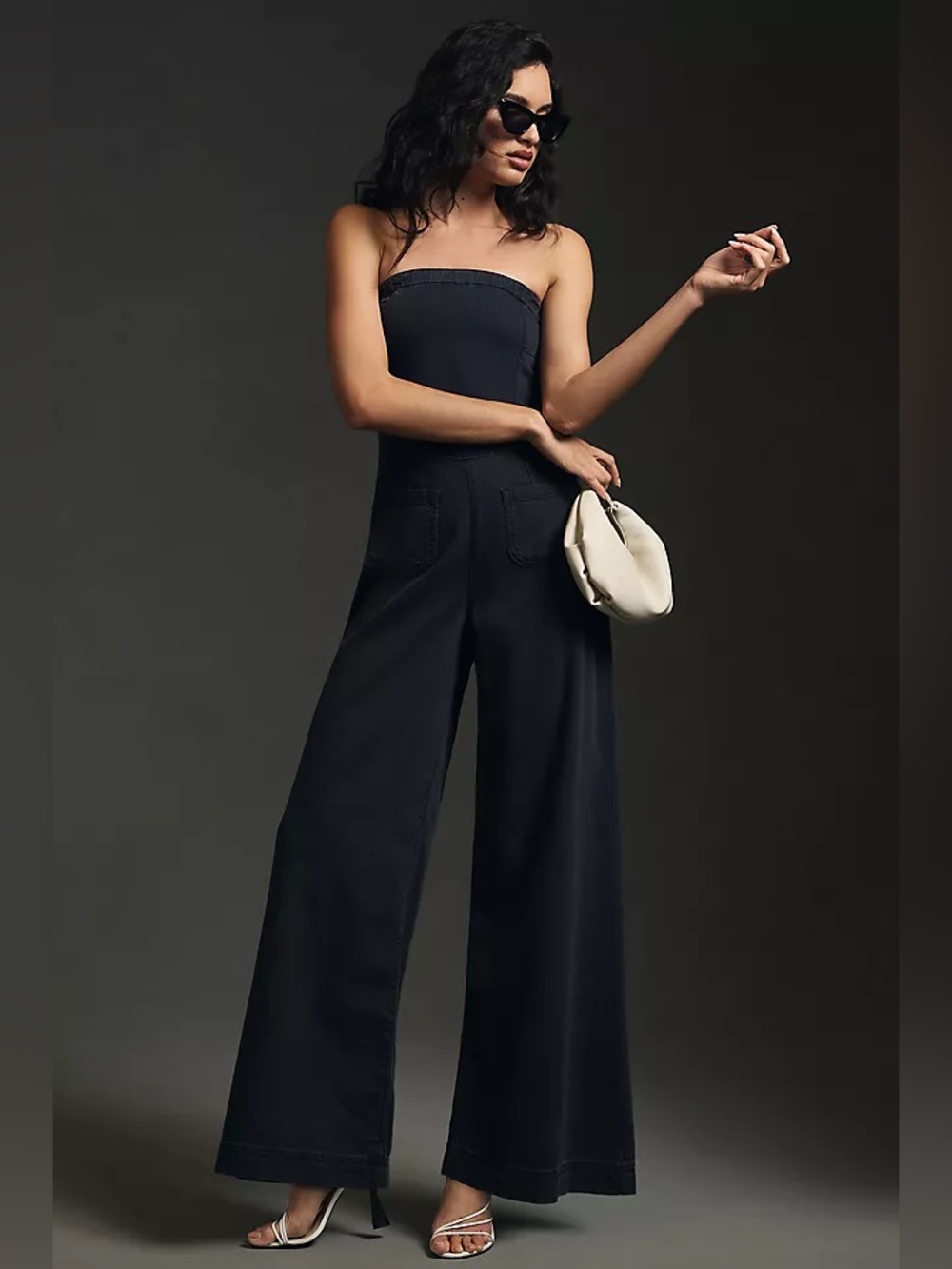 Anthropologie Pilcro Strapless Polished Wide-Leg Denim Jumpsuit Black Size 4